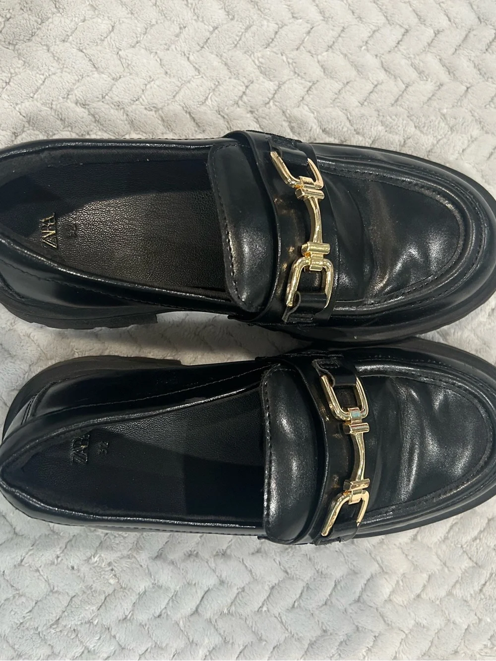 Zara Black Leather Loafers with Gold Buckle Detail